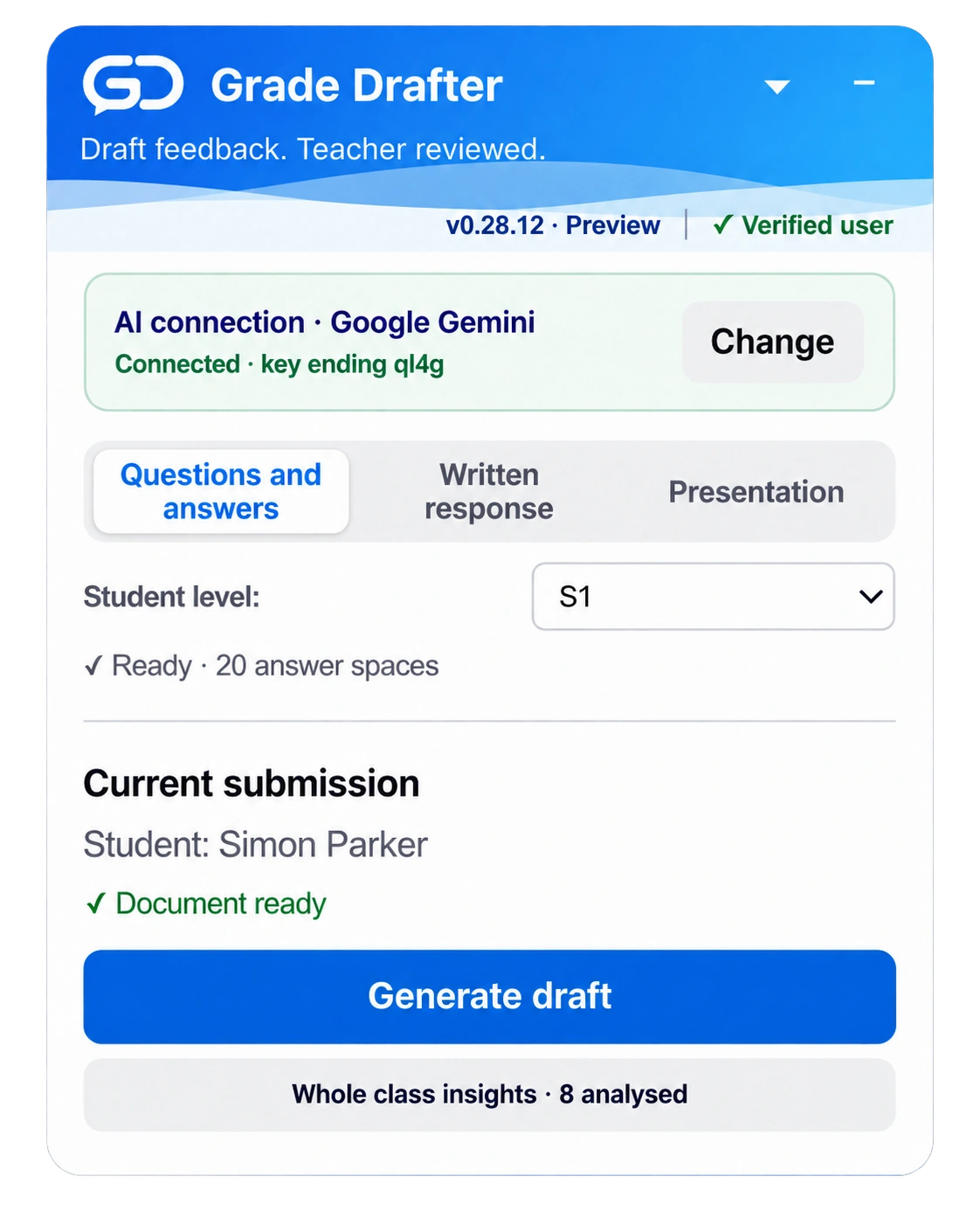 The Grade Drafter extension showing a connected Google Gemini key