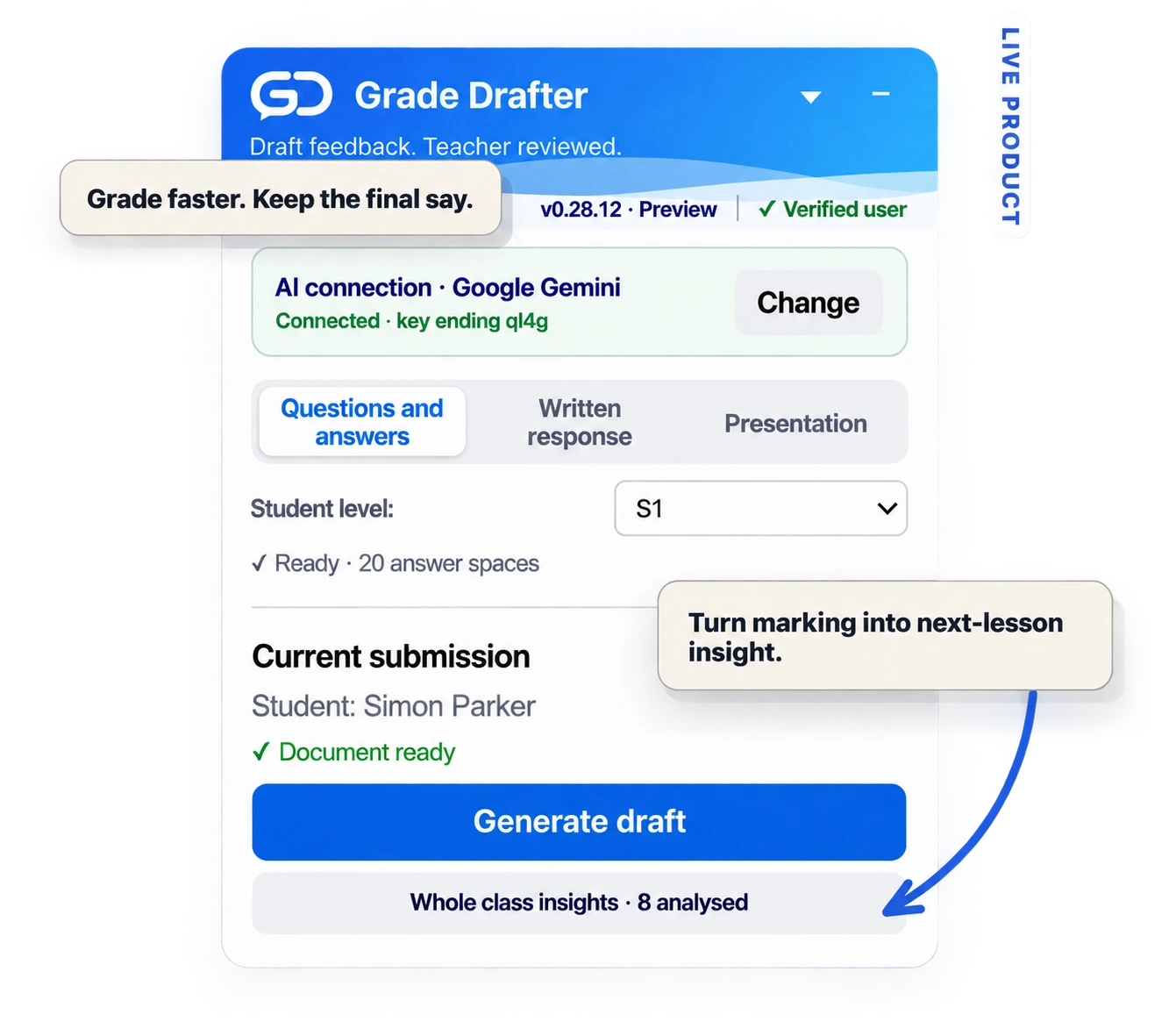 Grade Drafter ready-to-grade view with promotional callouts and whole-class insights preview