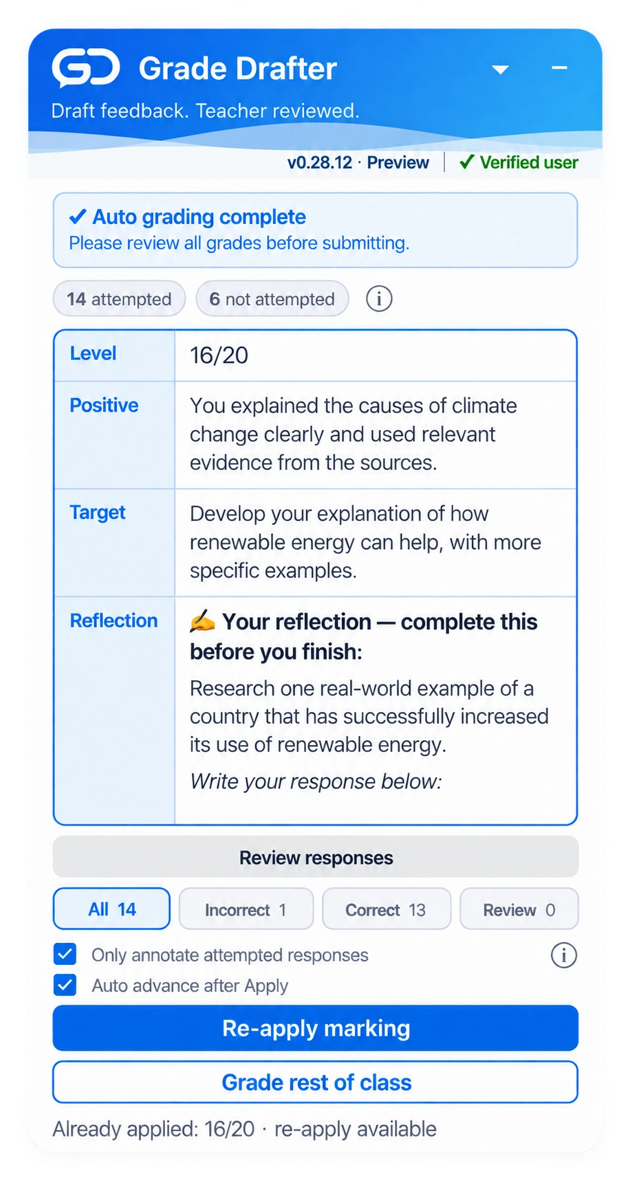 Grade Drafter review screen showing feedback and response categories
